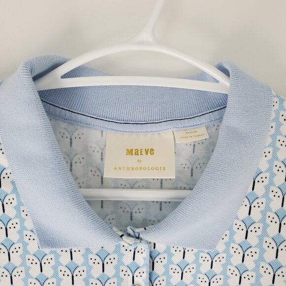 Maeve Anthropologie Butterfly Print Polo Top Size Medium light blue/white - Picture 2 of 7